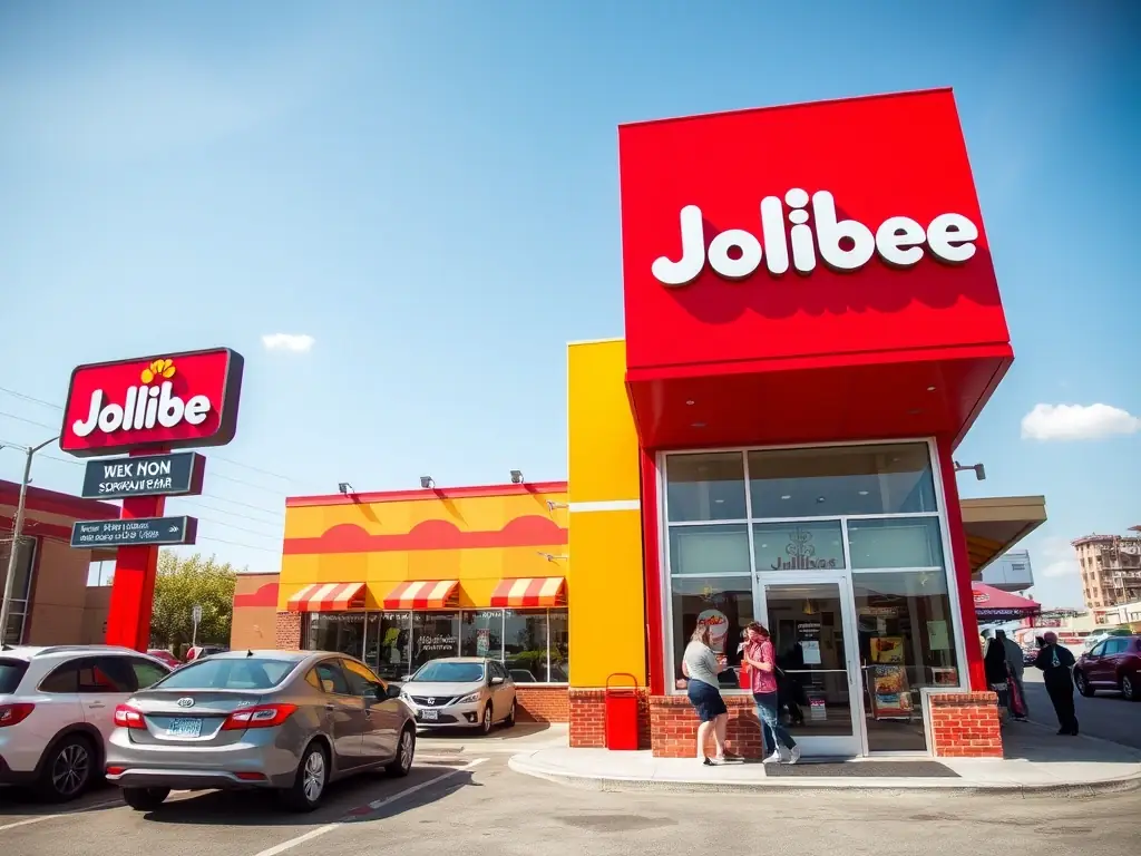 A Jollibee restaurant in Scarborough, Ontario, Canada, with a red and yellow sign and a busy parking lot.